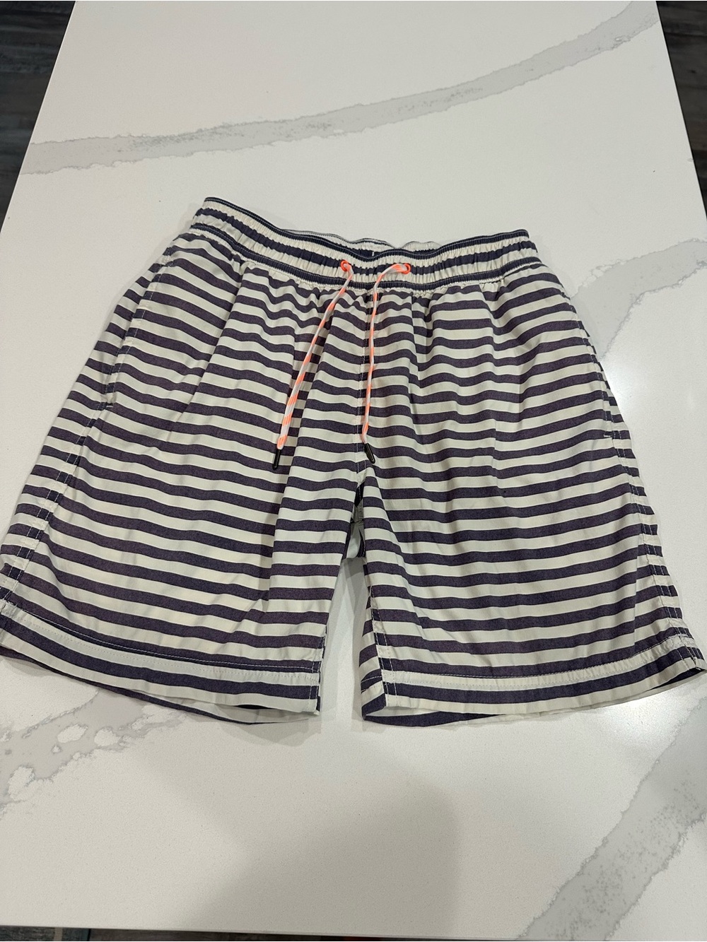J. Crew Navy and White Striped Kids Swim Trunks with Orange Drawcord